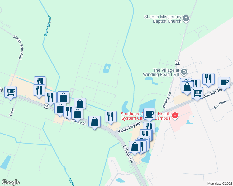 map of restaurants, bars, coffee shops, grocery stores, and more near 206 The Villas Way in Kingsland