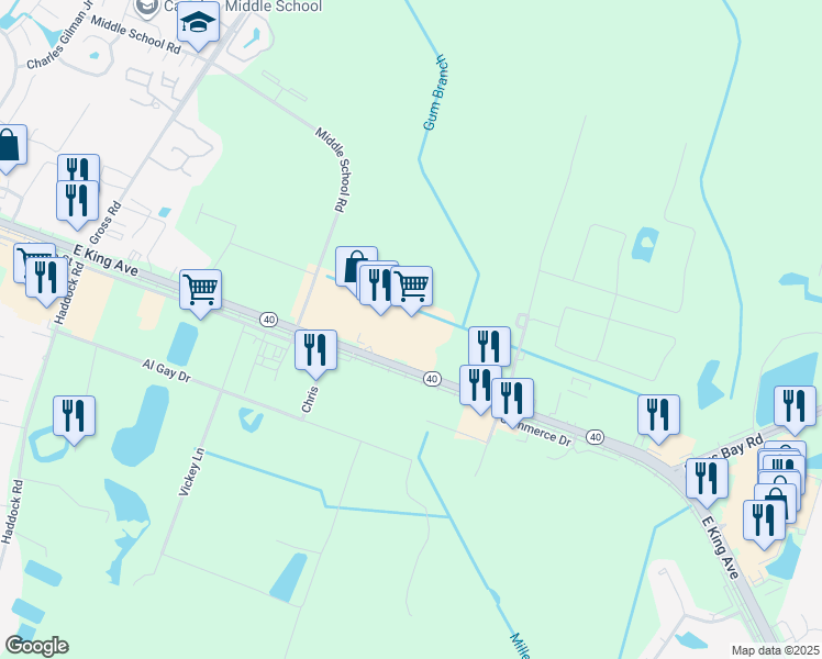 map of restaurants, bars, coffee shops, grocery stores, and more near 301 Gross Road in Kingsland