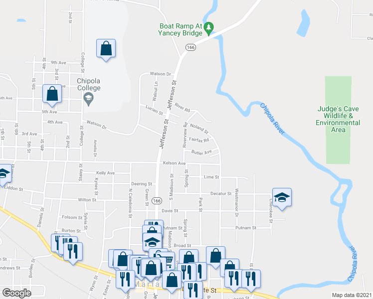 map of restaurants, bars, coffee shops, grocery stores, and more near 4456 Butler Avenue in Marianna