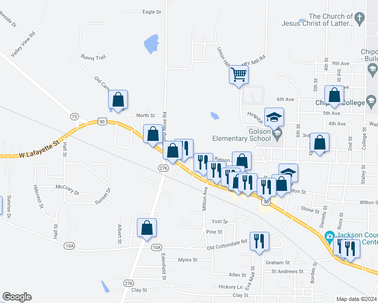 map of restaurants, bars, coffee shops, grocery stores, and more near 4176 Baltzell Street in Marianna