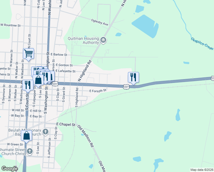 map of restaurants, bars, coffee shops, grocery stores, and more near East Screven Street in Quitman