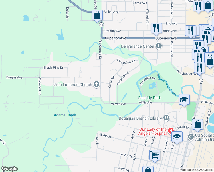 map of restaurants, bars, coffee shops, grocery stores, and more near 153 Cedar Road in Bogalusa