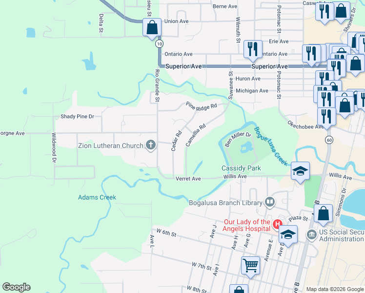 map of restaurants, bars, coffee shops, grocery stores, and more near 203 Camellia Road in Bogalusa
