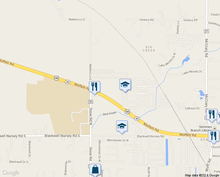 map of restaurants, bars, coffee shops, grocery stores, and more near 9800 Moffett Road in Semmes