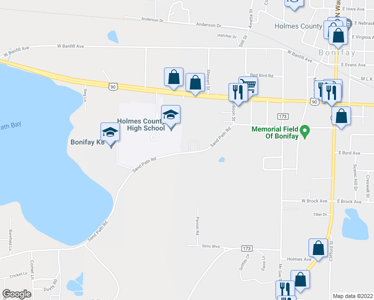 map of restaurants, bars, coffee shops, grocery stores, and more near 100 Judy Lucas Road in Bonifay