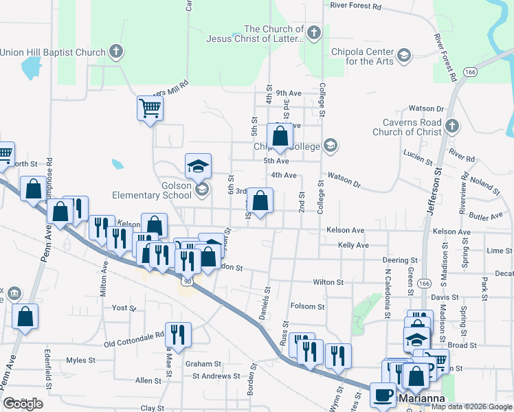 map of restaurants, bars, coffee shops, grocery stores, and more near 4304 2nd Avenue in Marianna