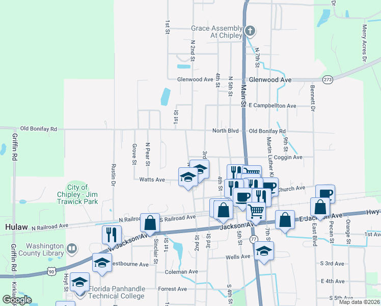 map of restaurants, bars, coffee shops, grocery stores, and more near 1332 Coggin Avenue in Chipley