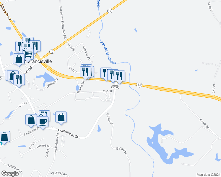 map of restaurants, bars, coffee shops, grocery stores, and more near 10323 Cr-650 in Saint Francisville
