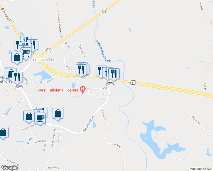 map of restaurants, bars, coffee shops, grocery stores, and more near 10323 Cr-650 in Saint Francisville