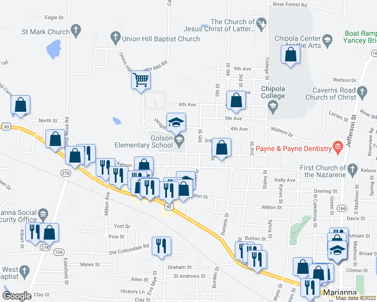 map of restaurants, bars, coffee shops, grocery stores, and more near 4274 2nd Avenue in Marianna