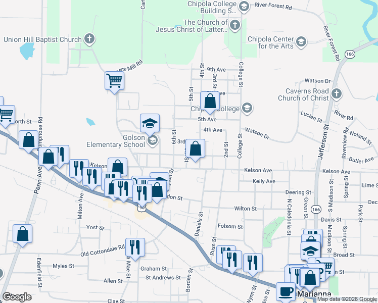 map of restaurants, bars, coffee shops, grocery stores, and more near 4304 2nd Avenue in Marianna
