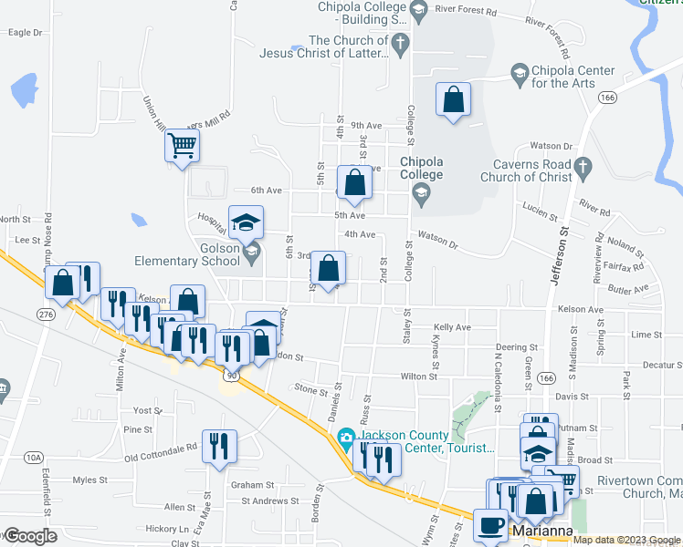 map of restaurants, bars, coffee shops, grocery stores, and more near 3016 4th Street in Marianna
