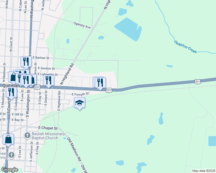 map of restaurants, bars, coffee shops, grocery stores, and more near 1410 East Screven Street in Quitman