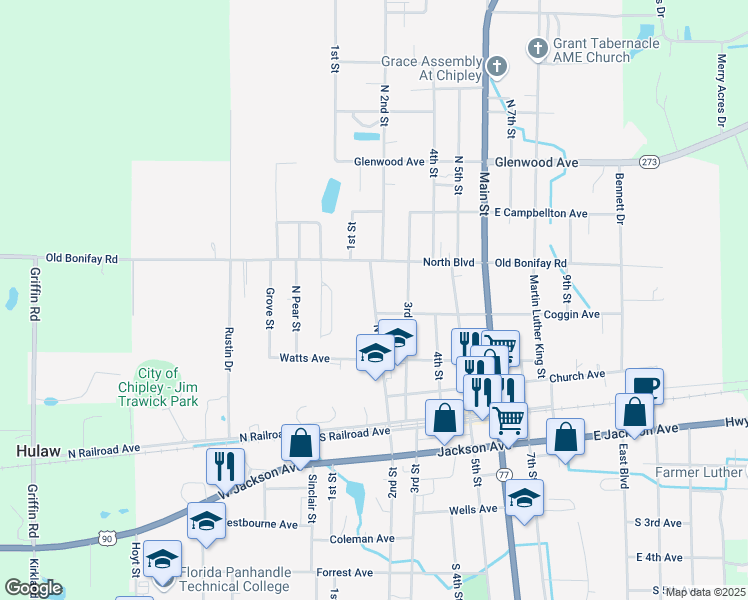map of restaurants, bars, coffee shops, grocery stores, and more near 598 N 2 Nd St in Chipley