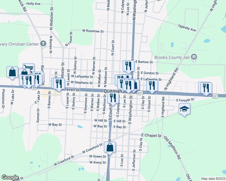 map of restaurants, bars, coffee shops, grocery stores, and more near U.S. 84 in Quitman