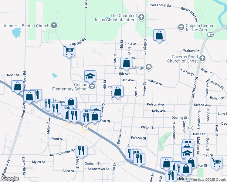 map of restaurants, bars, coffee shops, grocery stores, and more near 4298 2nd Avenue in Marianna
