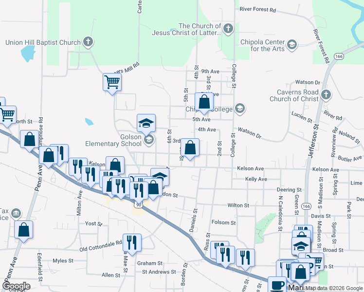 map of restaurants, bars, coffee shops, grocery stores, and more near 4304 2nd Avenue in Marianna