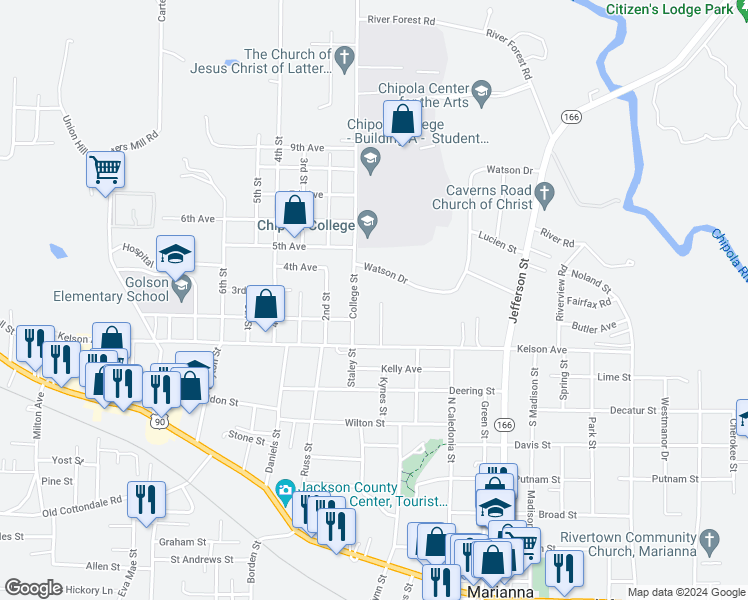 map of restaurants, bars, coffee shops, grocery stores, and more near 3021 Amelia Drive in Marianna