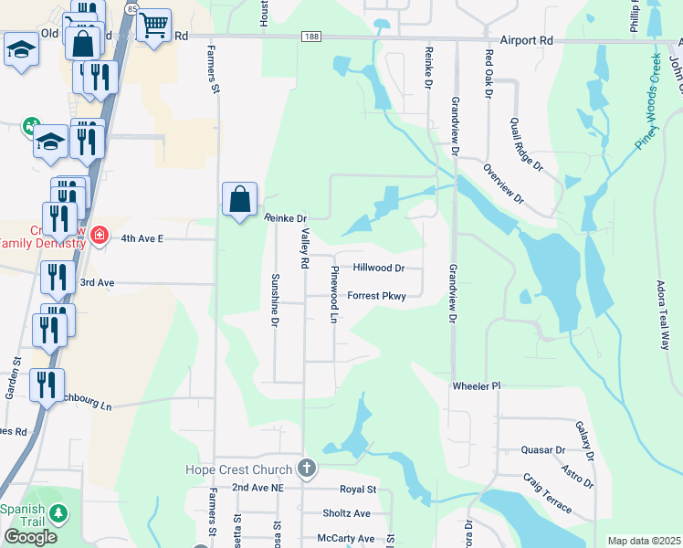 map of restaurants, bars, coffee shops, grocery stores, and more near 1304 Pinewood Lane in Crestview