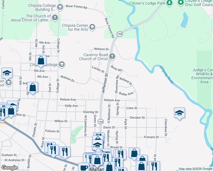 map of restaurants, bars, coffee shops, grocery stores, and more near 3024 Jefferson Street in Marianna