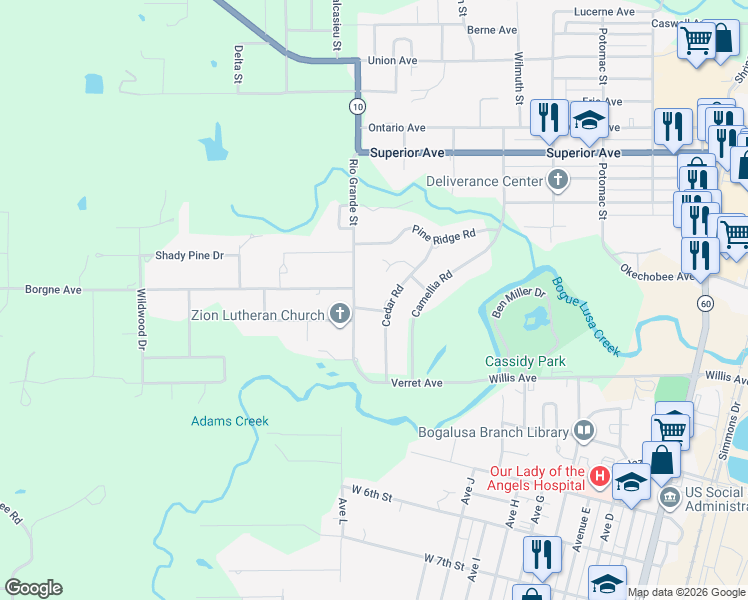 map of restaurants, bars, coffee shops, grocery stores, and more near 153 Cedar Road in Bogalusa