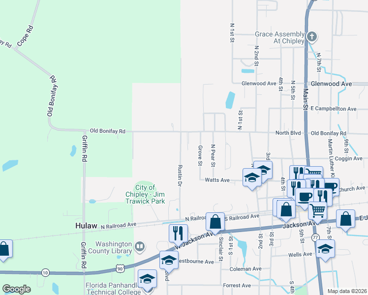map of restaurants, bars, coffee shops, grocery stores, and more near 632 Hideaway Drive in Chipley
