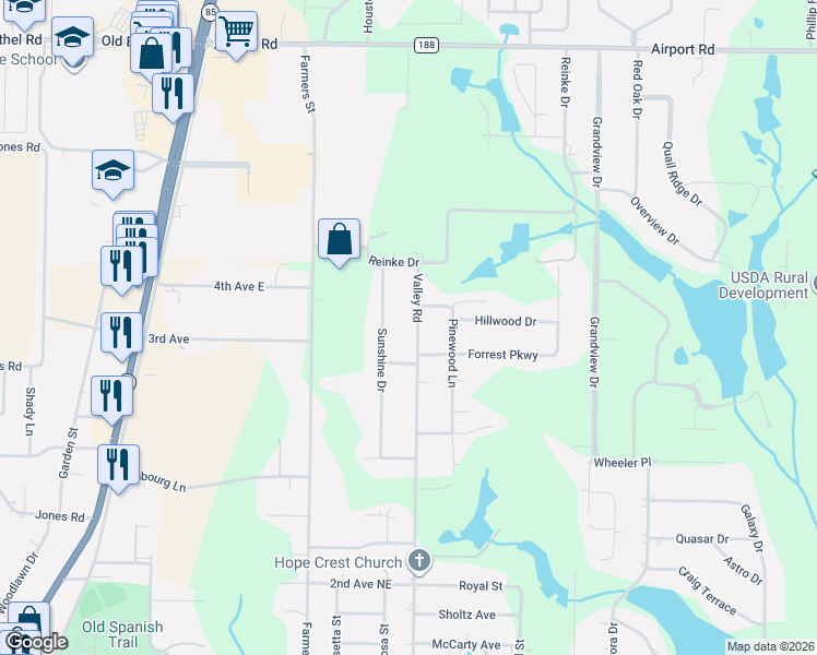 map of restaurants, bars, coffee shops, grocery stores, and more near 1304 Valley Road in Crestview