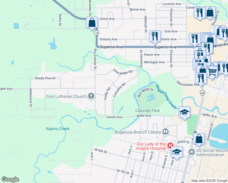 map of restaurants, bars, coffee shops, grocery stores, and more near 203 Camellia Road in Bogalusa