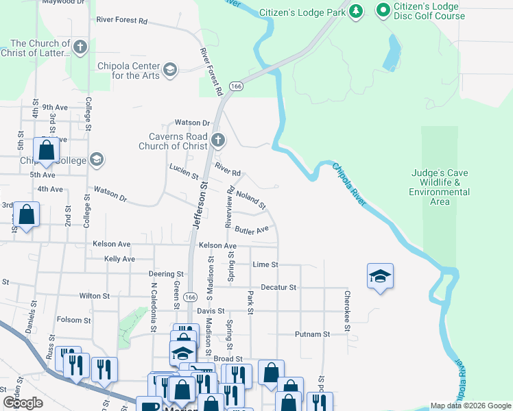 map of restaurants, bars, coffee shops, grocery stores, and more near 3035 Noland Street in Marianna