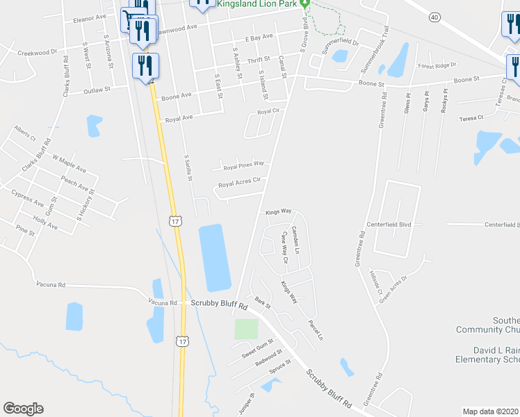 map of restaurants, bars, coffee shops, grocery stores, and more near 821 South Grove Boulevard in Kingsland