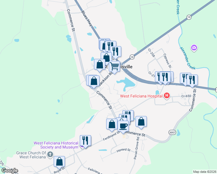 map of restaurants, bars, coffee shops, grocery stores, and more near 12240 Jackson Road in Saint Francisville
