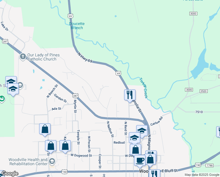 map of restaurants, bars, coffee shops, grocery stores, and more near 505 East Timberland Drive in Woodville