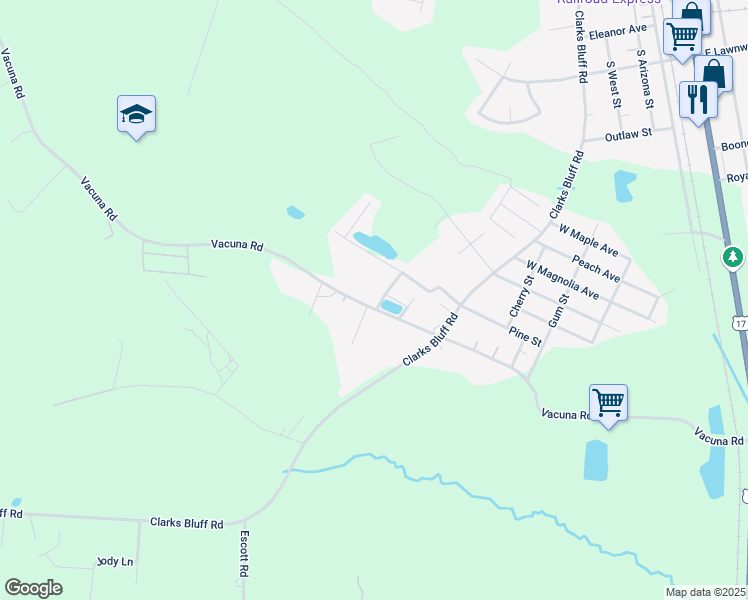 map of restaurants, bars, coffee shops, grocery stores, and more near 1104 Vacuna Road in Kingsland
