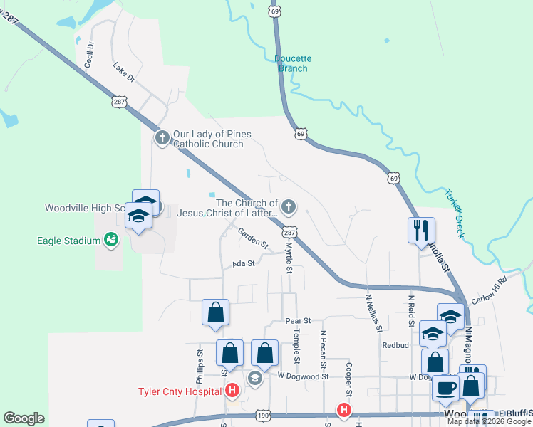 map of restaurants, bars, coffee shops, grocery stores, and more near 1028 Pine Street in Woodville