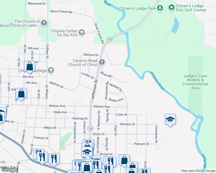 map of restaurants, bars, coffee shops, grocery stores, and more near 3053 Noland Street in Marianna