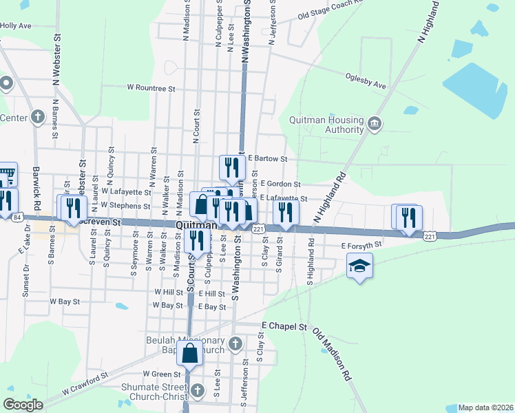 map of restaurants, bars, coffee shops, grocery stores, and more near 504 East Stephens Street in Quitman