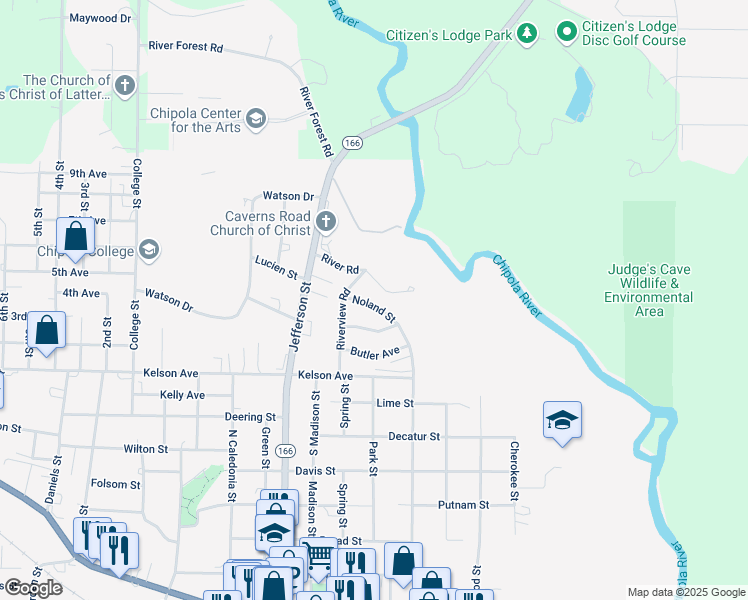 map of restaurants, bars, coffee shops, grocery stores, and more near 3042 Noland Street in Marianna