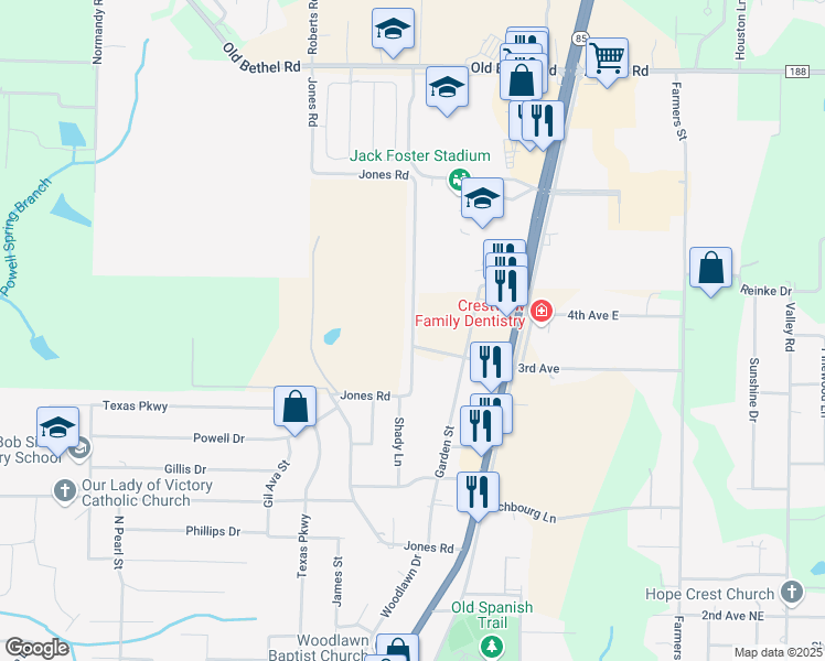 map of restaurants, bars, coffee shops, grocery stores, and more near Jones Road in Crestview