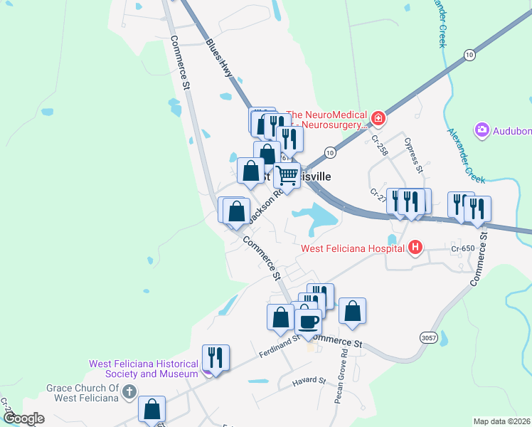 map of restaurants, bars, coffee shops, grocery stores, and more near 12240 Jackson Road in Saint Francisville