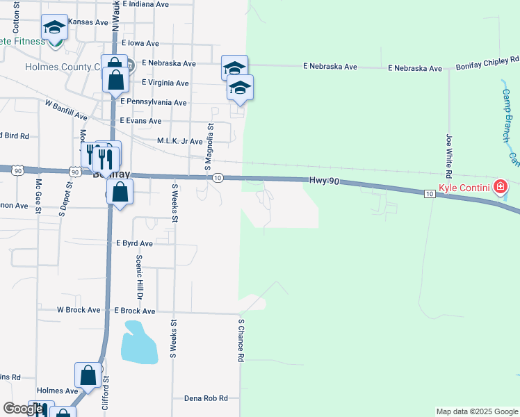 map of restaurants, bars, coffee shops, grocery stores, and more near 629 Mid Park Avenue in Bonifay