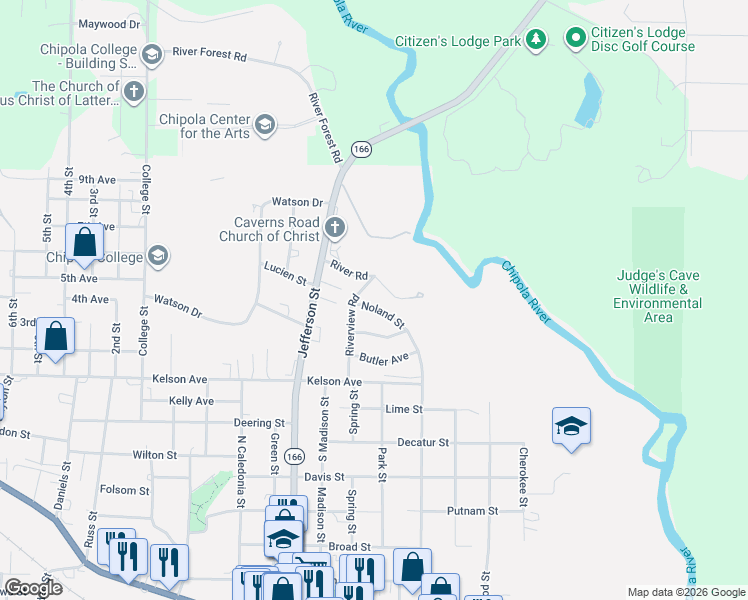 map of restaurants, bars, coffee shops, grocery stores, and more near 3053 Noland Street in Marianna
