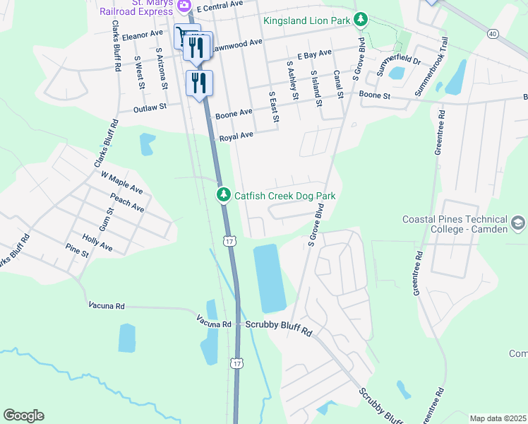 map of restaurants, bars, coffee shops, grocery stores, and more near 128 Royal Acres Circle in Kingsland