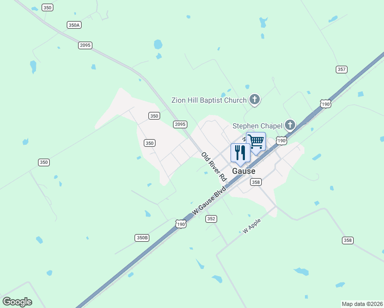 map of restaurants, bars, coffee shops, grocery stores, and more near 402 Magnolia in Gause