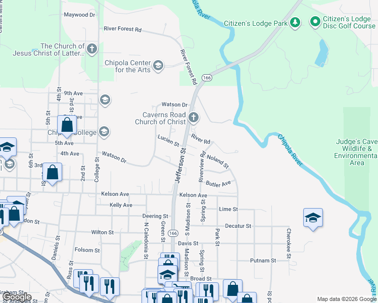 map of restaurants, bars, coffee shops, grocery stores, and more near 3034 Jefferson Street in Marianna