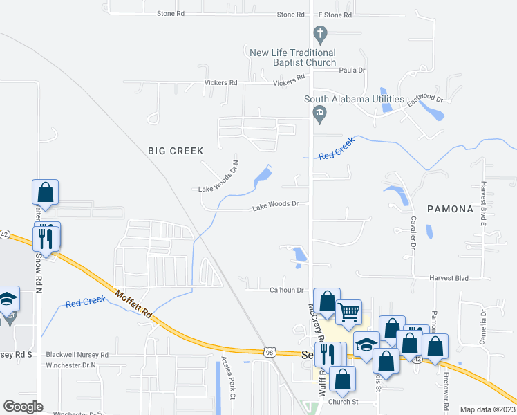 map of restaurants, bars, coffee shops, grocery stores, and more near 9325 Lake Woods Drive in Semmes