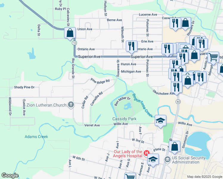 map of restaurants, bars, coffee shops, grocery stores, and more near 252 Camellia Road in Bogalusa