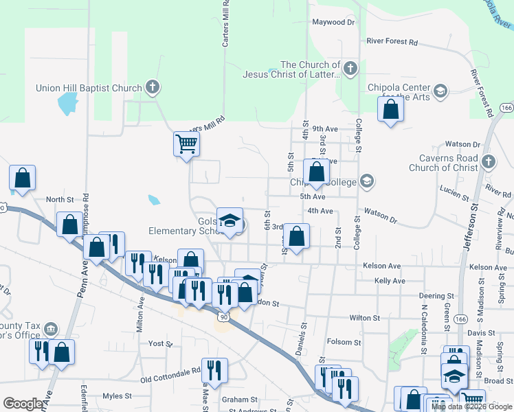 map of restaurants, bars, coffee shops, grocery stores, and more near 4280 Hospital Drive in Marianna