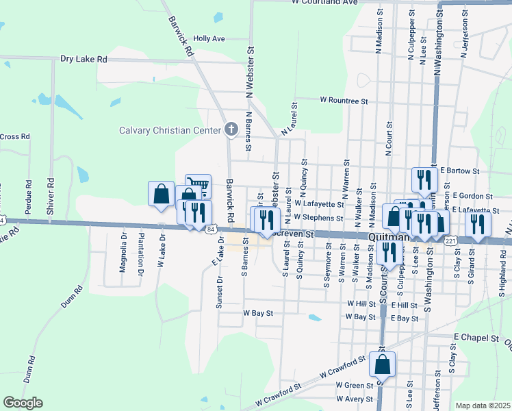 map of restaurants, bars, coffee shops, grocery stores, and more near 1004 West Lafayette Street in Quitman