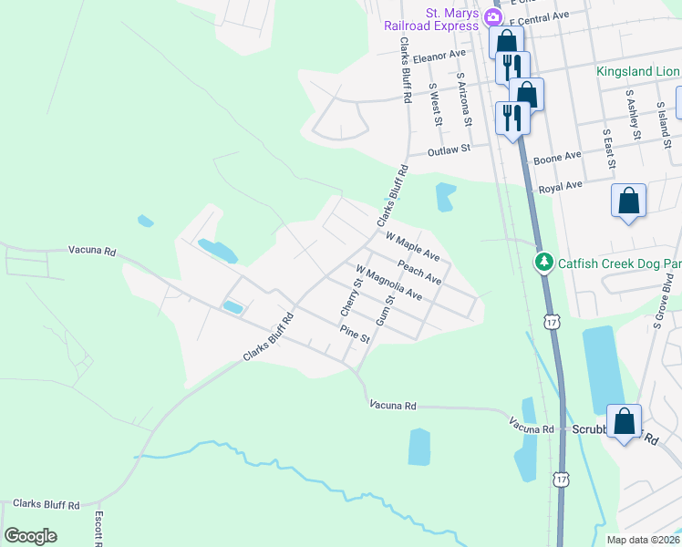map of restaurants, bars, coffee shops, grocery stores, and more near 465 Clarks Bluff Road in Kingsland