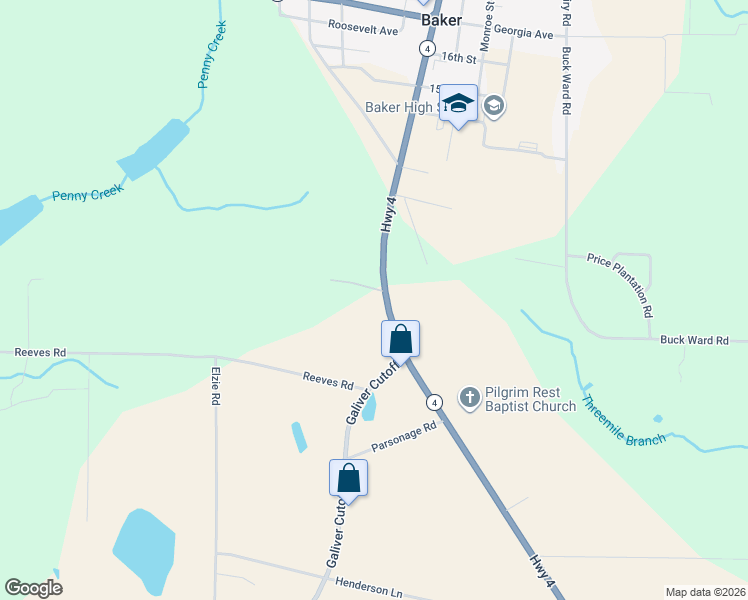 map of restaurants, bars, coffee shops, grocery stores, and more near Highway 4 in Baker